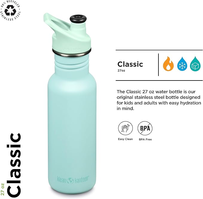 KLEAN KANTEEN Pastel Turquose Classic Water Bottle with Sport Cap, 1 EA