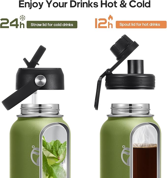 Insulated Water Bottles 40 oz with 2 Leak Proof Lids & Water Bottle Holder, Wide Mouth Sport Water Bottle with Straw, Reusable Stainless Steel Water Flask, Double Walled Vacuum Thermos
