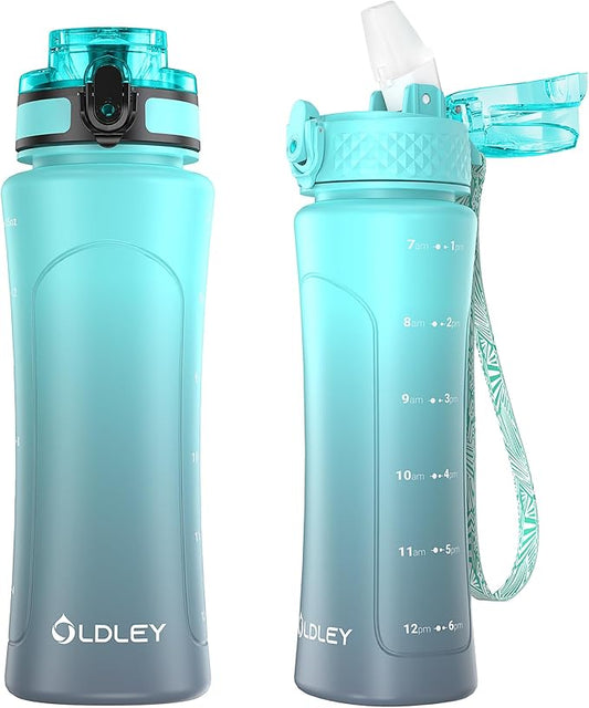 OLDLEY Kids Water Bottle for School with Straw Chug Lid, 15 oz Unbreakable Leak-Proof BPA-Free Motivational Water Bottles with Time Marker for Travel Sports Gym,Blue Grey