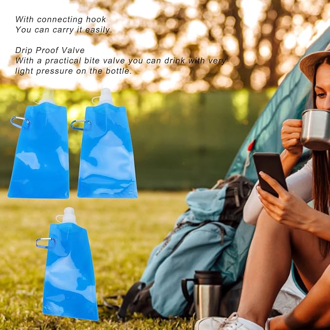 SWOQ Folding Drinking Water Bottle, Collapsible Water Bottles Blue 480ml 3pcs Ultralight for Camping for Cycling for Jogging