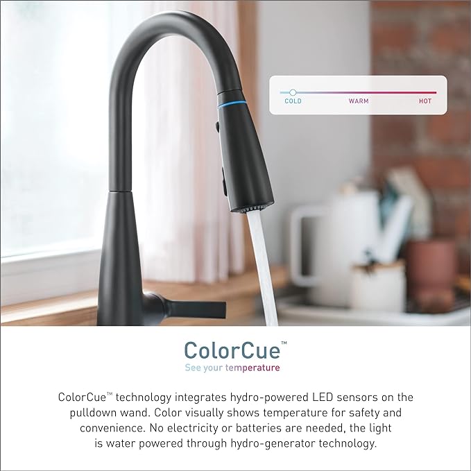 Moen 87627EIBL Haelyn Matte Black Single-Handle Pull-Down Kitchen Faucet with LED Light Colorcue Temperature Indicator and Soap Dispenser