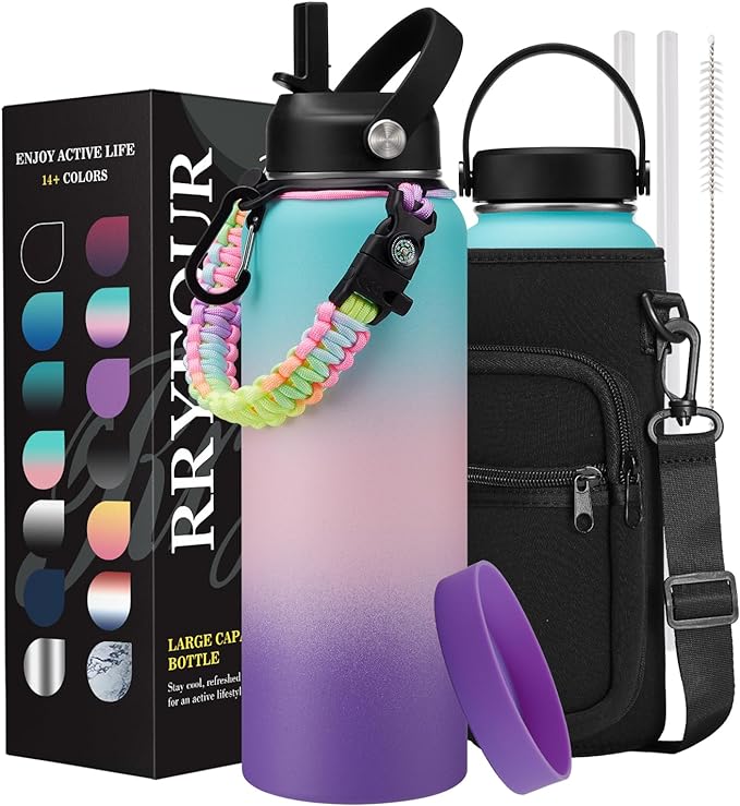Insulated Water Bottle with Straw 40oz - Stainless Steel Water Bottles, Flex Lids, Paracord Handle, Storage Carrier Bag, Protective Boot, Water Flask Metal Vacuum Water Mug Cup, Keep Cold 48H Hot 24H
