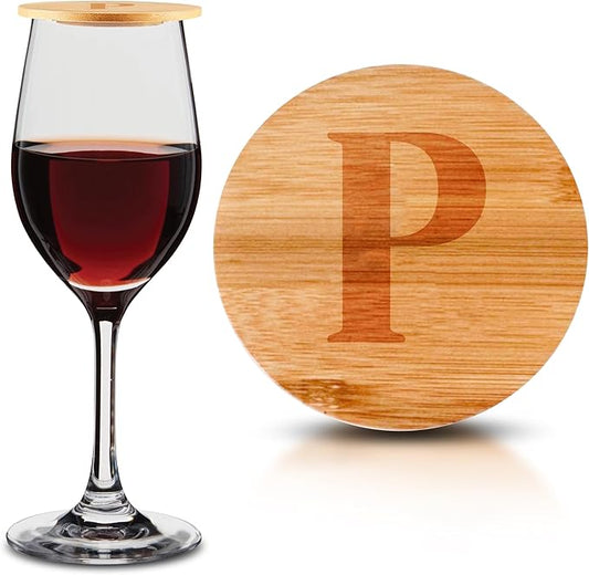 Personalized Wine Glass Charcuterie Topper - Custom Laser Engraved Initial Bamboo Wine Glass Topper Stopper Coasters Plate ID Identification Wine Glass Charcuterie Board Topper (Letter P)