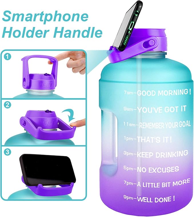 QuiFit Half Gallon Water Bottle - with Straw & Motivational Time Marker Leak-Proof BPA Free Reusable Gym Sports Outdoor Large(73OZ) Capacity Water Jug(Green/Purple Gradient,Half Gallon)