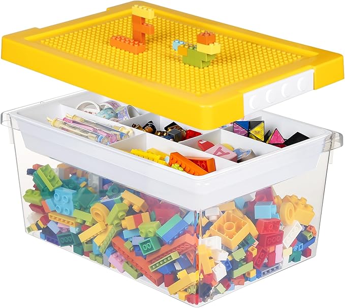 loobuu Plastic Storage Bins with Lids - 1 Set Stackable Arts Crafts Organizer Box with Removable Divided Tray &Compatible Building Baseplate,Toy Chest Containers for Bricks-Yellow(14.37"x9.64"x6.69")