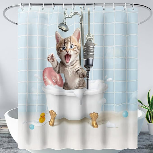 AILONEN Cute Shower Cat Shower Curtain for Kids Boys,Funny Singing Cat Waterproof Fabric Shower Curtain for Bathroom,Cartoon Bathing Kitten Animal Shower Curtain Set with Hooks,60" W*72" H