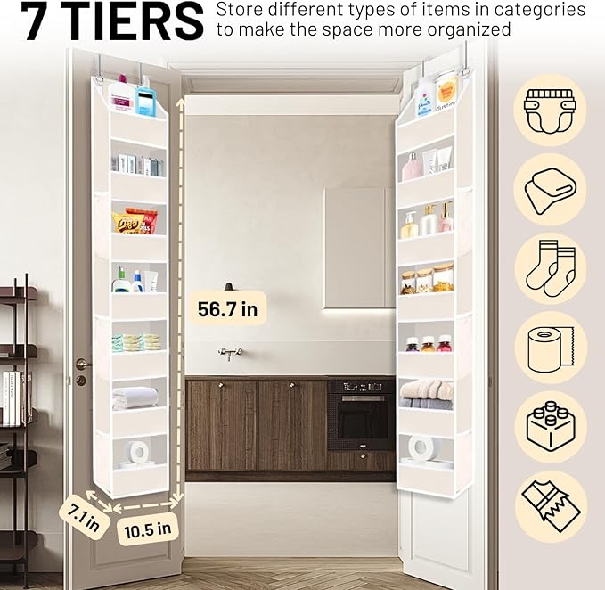 Over the Door Organizer 7 Tiers, No Tilt Closet Organizers and Storage for Bedroom, Weight Capacity of 50 lbs for Back of Door Organizers,Door Hanging Organizer for Closet,Diaper Organizer,Beige