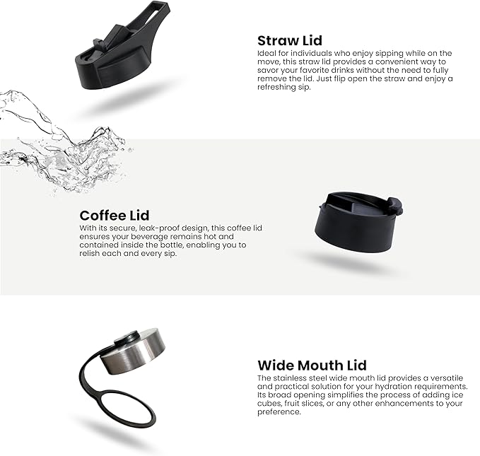 Stainless Steel Water Bottle - 32 Oz Water Bottle with Straw Lid, Coffee Lid, and Wide Mouth Lid - Double Insulated Water Bottle - Metal Water Bottle - Hot and Cold Insulated Thermos - (White)