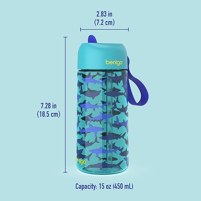 Bentgo Kids Water Bottle - Leak-Proof, Durable Tritan™, BPA-Free 15 oz. Cup for Kids/Toddlers Ages 3+ - Flip-Up Straw & Dishwasher Safe for School, Sports, Daycare & Camp (Sharks)