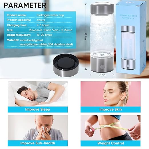 Hydrogen Water Bottle, Portable Hydrogen Water Bottle Generator with SPE PEM Technology Water Ionizer, 420ml Hydrogen Water Machine Improve Water Quality in 3 Minutes for Fathers Day Gift
