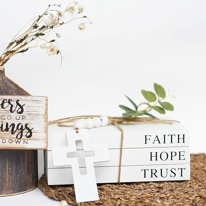 Decorative Books for Home Decor, Fake Books for Decoration, Wooden Faux Books for Decoration, Farmhouse Book Decor (Faith Hope Trust)
