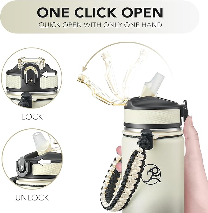 GOSWAG Insulated Sports Water Bottle, 24oz 2 Lids(with Straw/No Straw), Stainless Steel Water Bottles with Paracord Handle, Insulated Thermos with Double-Wall Vacuum Insulation