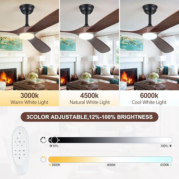60" Ceiling Fans with Lights, 60 inch Ceiling Fan with Lights, High cfm Quiet 3 Blade Wood Walnut Ceiling Fan, Large Modern Ceiling Fan with Remote, Propeller Fans for Patios,Dark Walnut