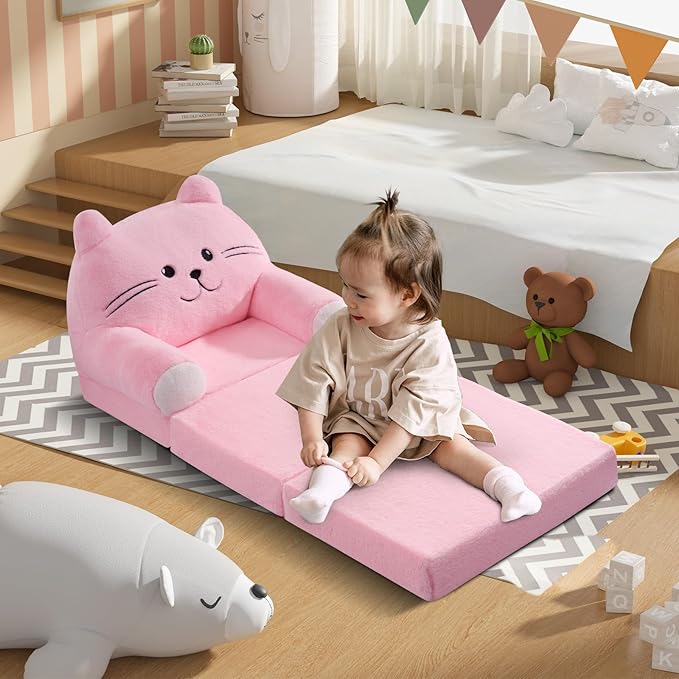 Kids Sofa Chair for Toddler, 2-in-1 Folding Soft Baby Couch with Removable Cover, Comfy Plush Children's Recliner, Convertible Floor Sofa Bed to Lounger for Girls Boys Age 1-3,Cat Pink