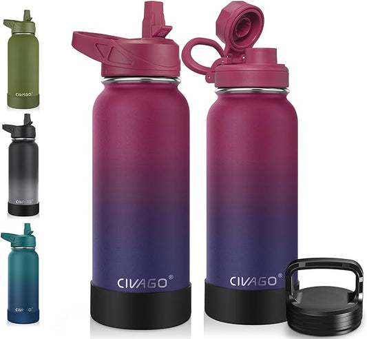 CIVAGO 32 oz Insulated Water Bottle With Straw, Stainless Steel Sports Water Cup Flask with 3 Lids (Straw, Spout and Handle Lid), Wide Mouth Travel Thermal Mug, Dark Rainbow