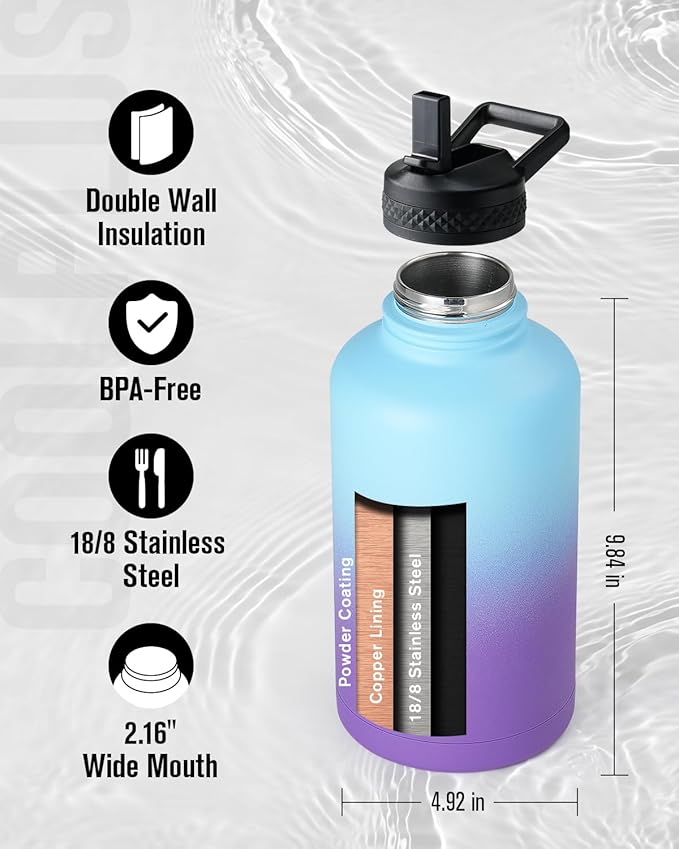 64oz Insulated Water Bottle, Coolplus Half Gallon Water Jug With Straw Stainless Steel Double-Walled Vacuum Metal Large Flask With Carry Sleeve Bpa-Free Leakproof, Keep Cold 48 Hrs, Blue Purple