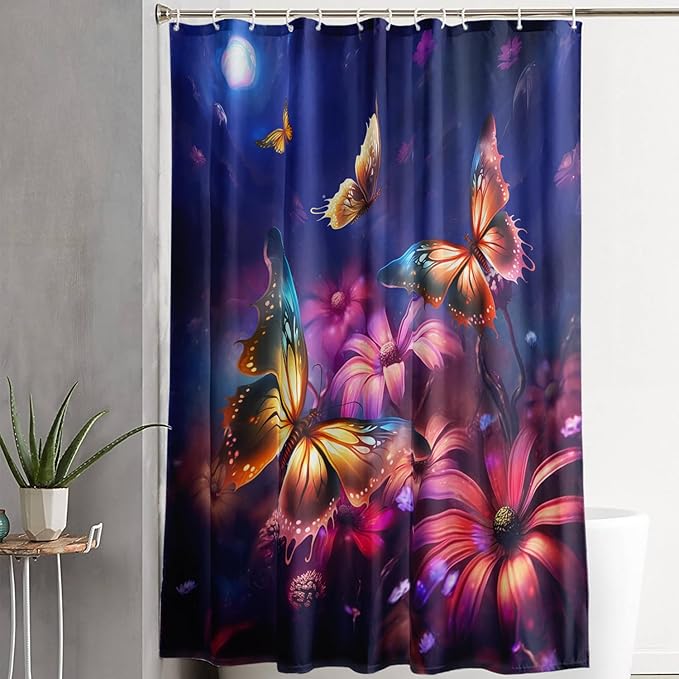 AILONEN Beautiful Butterfly Shower Curtain for Kids Girls Boys, Colorful Butterfly with Flower Bath Curtains for Bathroom,Boho Style Natural Plants Shower Curtain Set with Hooks,60" W*72" H
