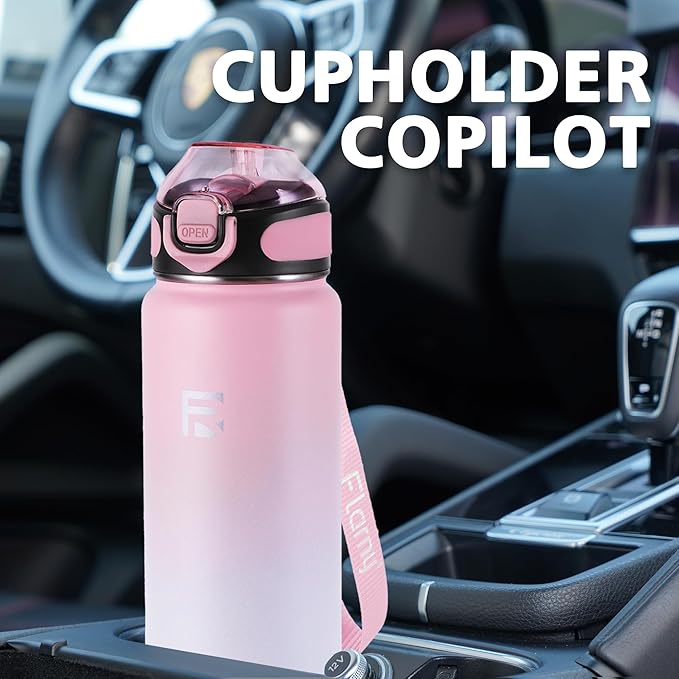 32 oz Insulated Water Bottle with Straw, Stainless Steel Metal Thermos Bottles, Durable Non-Slip Gradient Bottle with Strap for Sports and Travel, Leak Proof (Pink White)