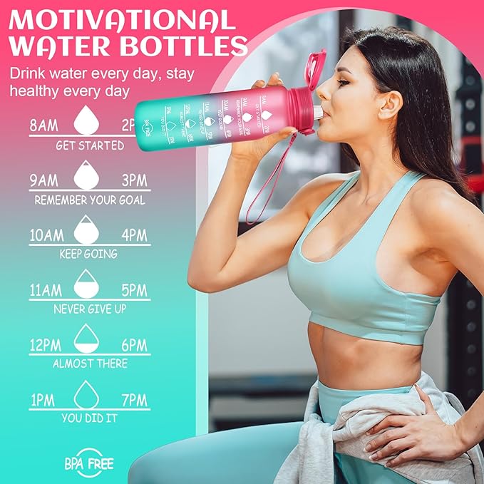 Water Bottle 32 oz, Motivational Sports Water Bottles Tritan BPA Free Water Bottle No Straw With Time Marker, Wide Mouth Leakproof Water Bottle with Strap for Gym Fitness Hiking Bike Camping - Pink