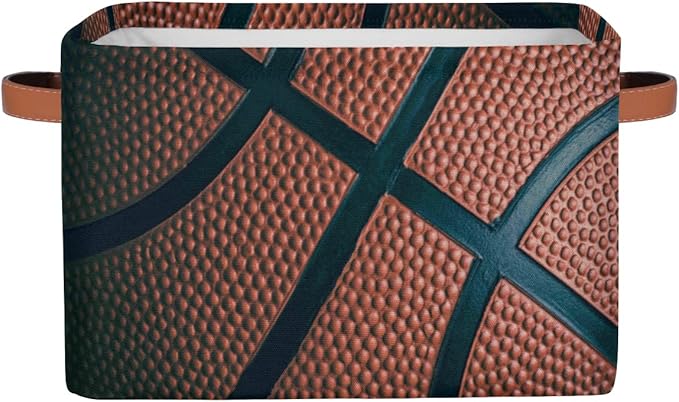 Basketball Storage Basket Collapsible Rectangular Storage Bin Large Fabric Storage Boxes Organizer 1Pc with Leather Handles for Clothes Toys Books Kitchen Laundry