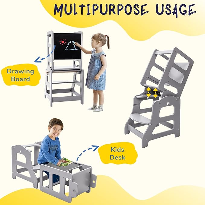 3 in 1 Toddler Tower, Children Step Stool Standing Tower for Kitchen with Adjustable Platform, Non-Slip Strips, Safety Rail (Gray)