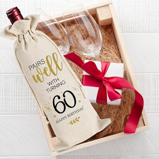 yaanunulu 60th Birthday Gifts for Women Men, 60 Years Old Birthday Wine Bag Gifts, 60th Birthday Decorations, 1964 Birthday Gift, Happy 60th Birthday Party Wine Bag Gifts, Pairs Well With Turning 60