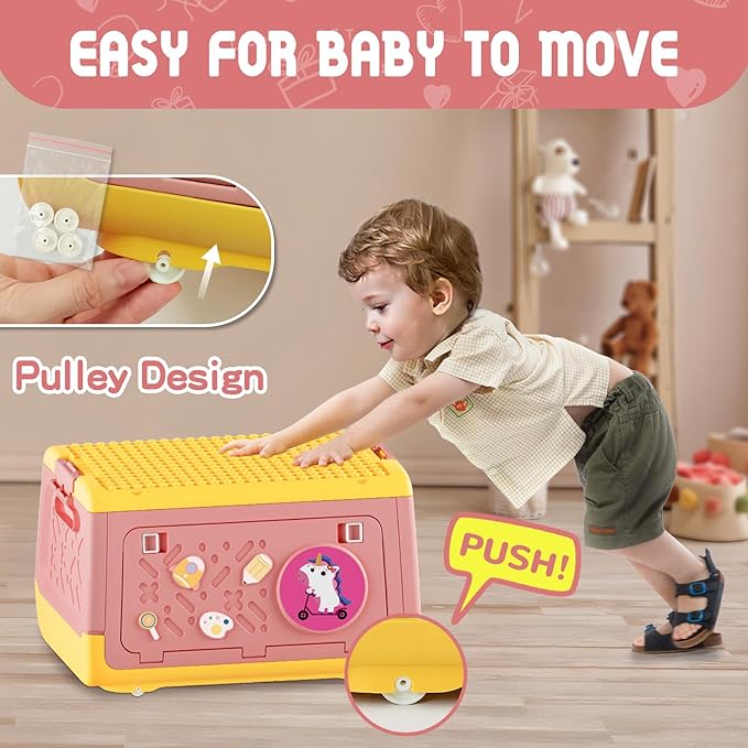 Toy Box Chest with Lid, Unicorn Collapsible Storage Organizer for Kids Boys Girls, Plastic Stackable Toddler Toy Bins with Building Block Lid (Pink)