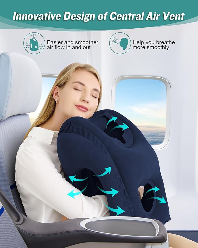 JefDiee Inflatable Travel Pillow, Airplane Neck Pillow Comfortably Supports Head and Chin for Airplanes, Trains, Cars and Office Napping with 3D Eye Mask, Earplugs and Portable Drawstring Bag (Blue)