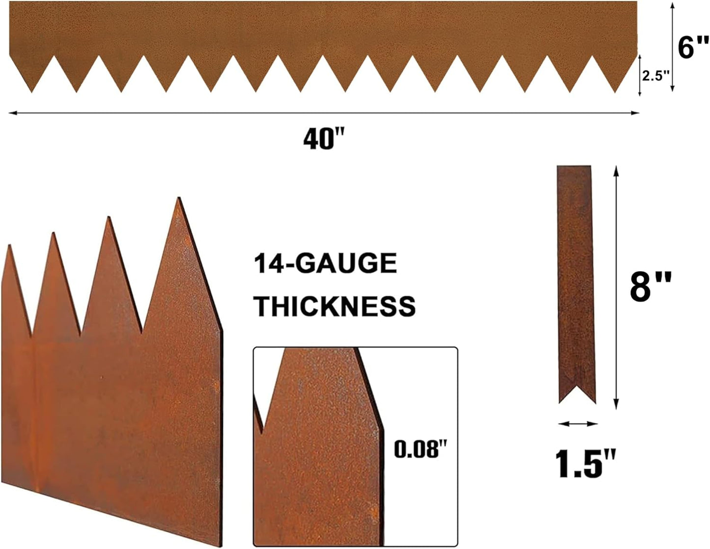 Worth Garden 6-Pack Pre-Rusted Cor-Ten Steel Landscape Edging - 40" L x 6" H Each (20ft Total) - No-Dig Hammer-in Heavy Duty 14-Gauge Metal Edging Border w/ 7 Clips & Gloves - Edge for Lawn Yard