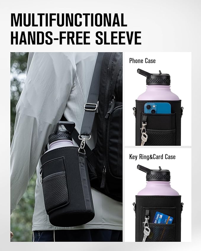 Coolplus Half Gallon Water Bottle With Straw Lid, 64 oz Insulated Stainless Steel Water Jug Metal Double-Walled Vacuum Large Flask With Carry Sleeve Leakproof, Keep Cold 48 Hrs Hot 24hrs, Purple