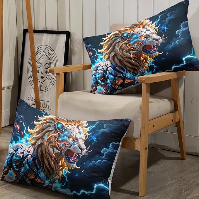 AILONEN Boys Lion Fitted Sheet Set Twin XL Size, Safari Animal Lion Blue Lightning 3 Pieces Printed Kids Bed Sheet Set,Wildlife Fitted Sheet with 2 Pillowcases