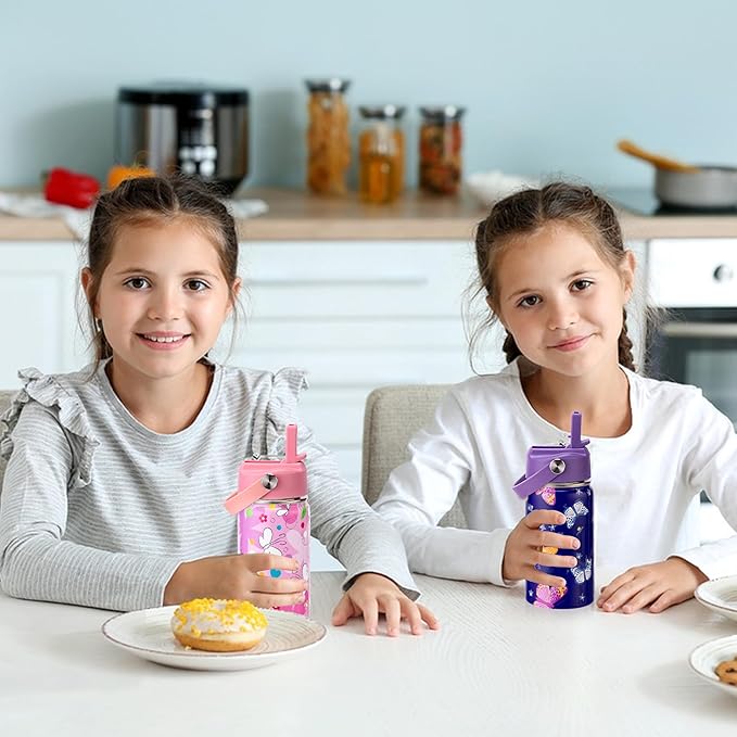 Kids Insulated Water Bottle, 2 Pack 12oz Butterflies Water Bottles Bulk with Flip Straw & Big Handle, Gifts for Kids Girls to School Travel Sports, Hands Wash Only, Purple & Pink