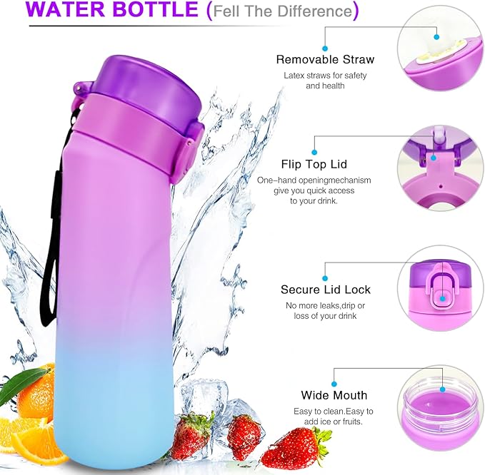 Air Water Bottle with Flavor Pods, 750ML Scent Water Cup with Flavor Pods Box，0% Sugar Fragrance Water Bottle Suitable for Outdoor Sports (Gradient Purple+1pods)