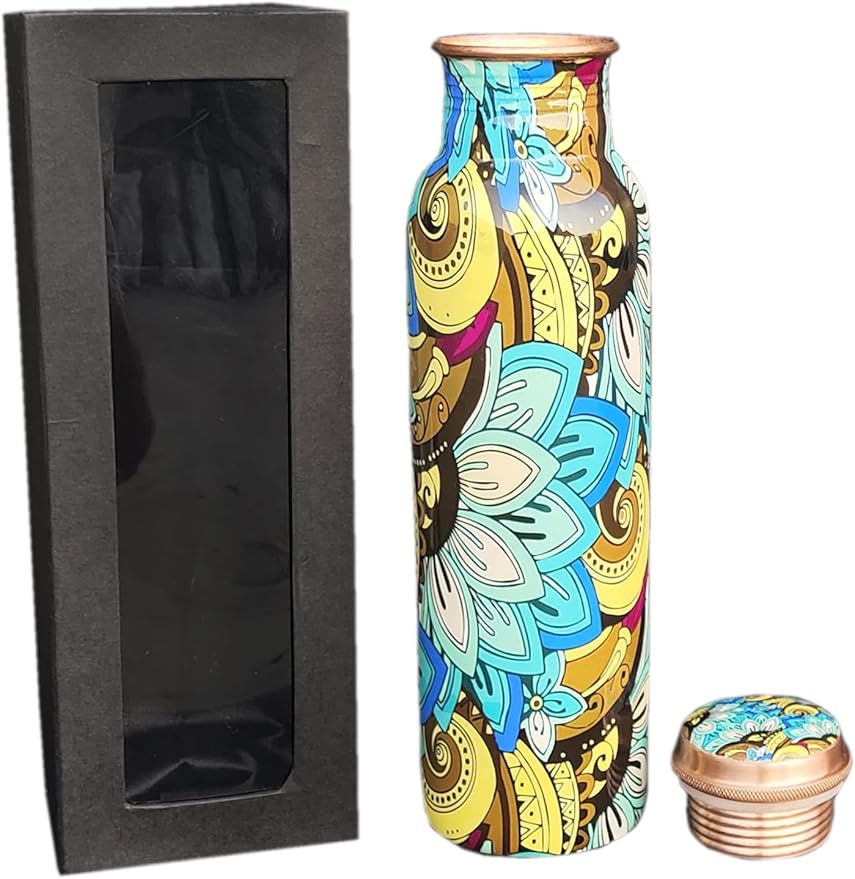 Copper Ayurveda Copper Water Bottle for Drinking – Travel Water Bottle for Gym, Yoga, Office, Hiking, Outdoor – with Lid (Teal black floral)