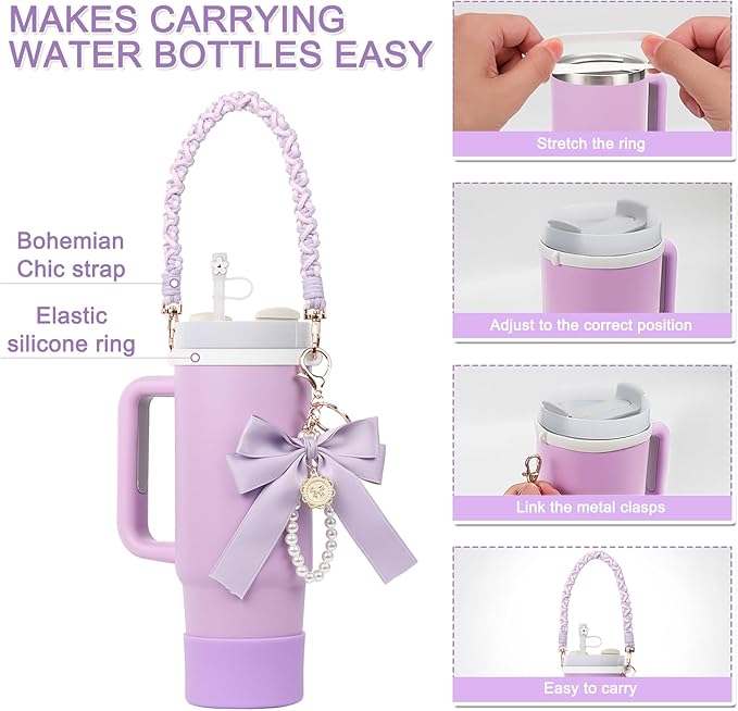 Stanley Cup Accessories Set- Water Bottle Handle Strap, Stanley Cup Protective Silicone Boot, Bow Design Stanley Charms for Stanley Cup 40oz /30 oz Tumbler Purple Stanley Cup Accessories