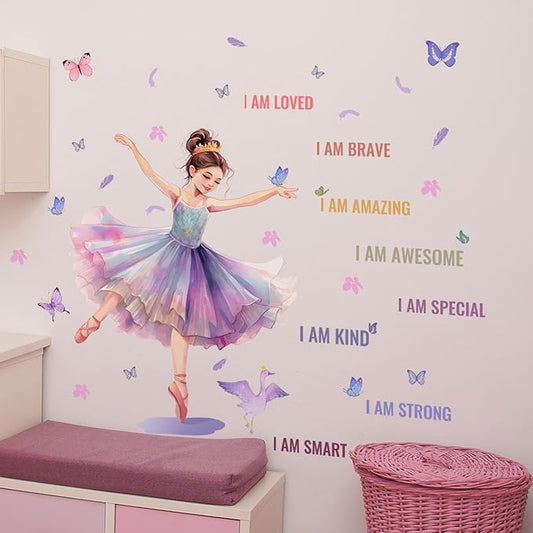 Butterfly Girl Wall Decals with Quotes, Colorful Butterflies and Motivational Lettering, Wall Stickers for Nursery, Girl Bedroom or Dance Room (MS7109)