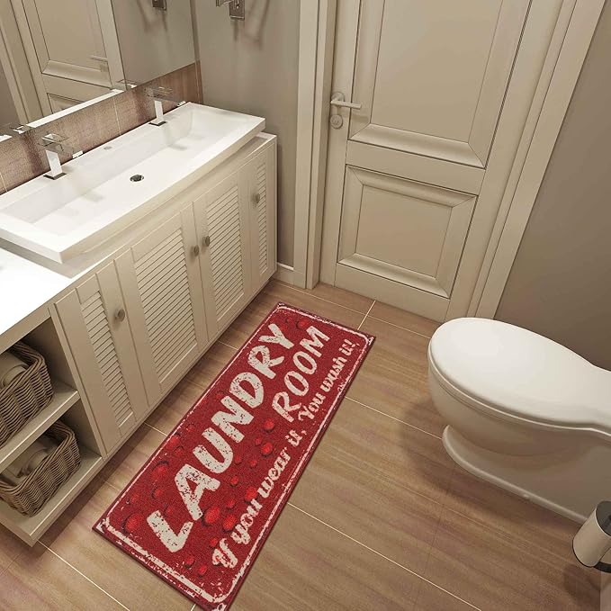 Ottomanson Laundry Collection Non-Slip Rubberback Laundry Text Design 2x5 Laundry Room Runner Rug, 20" x 59", Red