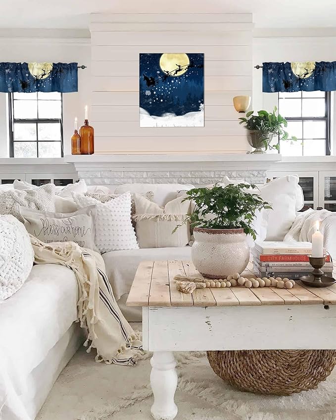 Christmas Kitchen Curtains Valances for Windows Santa Claus Reindeer Rod Pocket Window Treatment for Kitchen/Living Room/Bedroom/Bathroom,42" X 12" -1 Panel, Blue Snowy Night