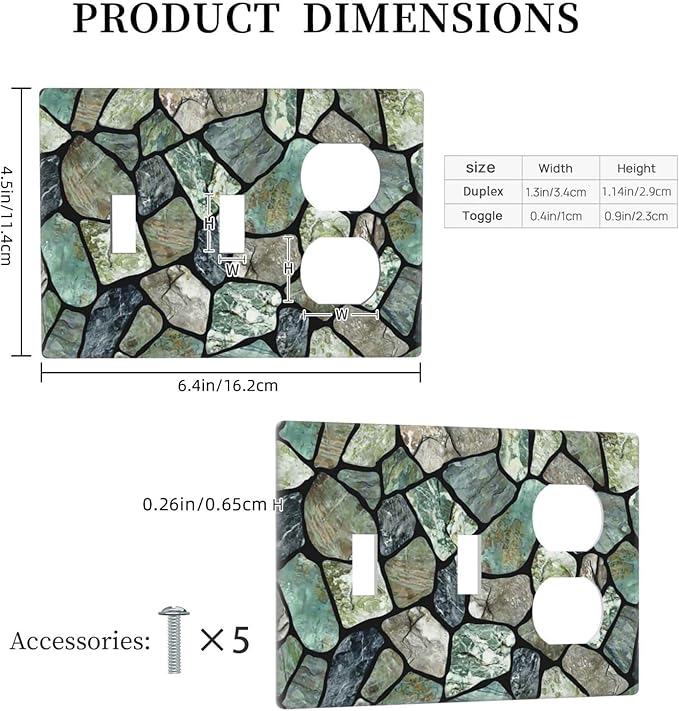 Green Stone Texture Combo 2 Toggle 1 Duplex Outlet Light Switch Wall Plate Cover Decorative 3-Gang for Electrical Room Bathroom Bedroom Home Kitchen One Receptacle 4.5" x 6.38"