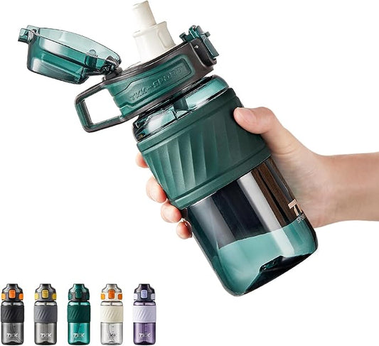 TKK 15oz Sports Water Bottles with Removable Straw Durable BPA Free Tritan Bottles Leak-Proof Water Bottles for School, Fitness, Gym, Outdoor, Green