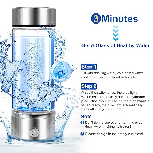 Hydrogen Water Bottle Hydrogen Water Bottle Generator Portable Rechargeable Health Hydrogen Water Bottle Hydrogen Rich Water Ready in 3 Mins Suitable for Home Office Exercise Travel (420ML)