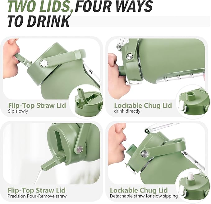 64 oz Glass Water Bottle with Straw and 2 Lids, Half Gallon Water Bottle with Sleeve, Large Insulated 2 Liter Glass Water Jug Time Marker with Handle - Olive