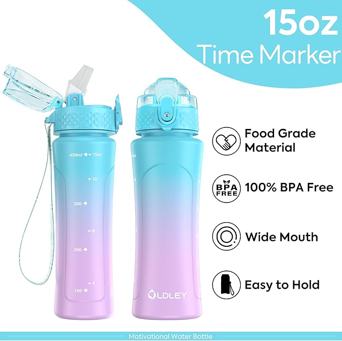 OLDLEY Kids Water Bottle for School with Straw Chug Lid, 15 oz Unbreakable Leak-Proof BPA-Free Motivational Water Bottles with Time Marker for Travel Sports Gym, Blue Purple
