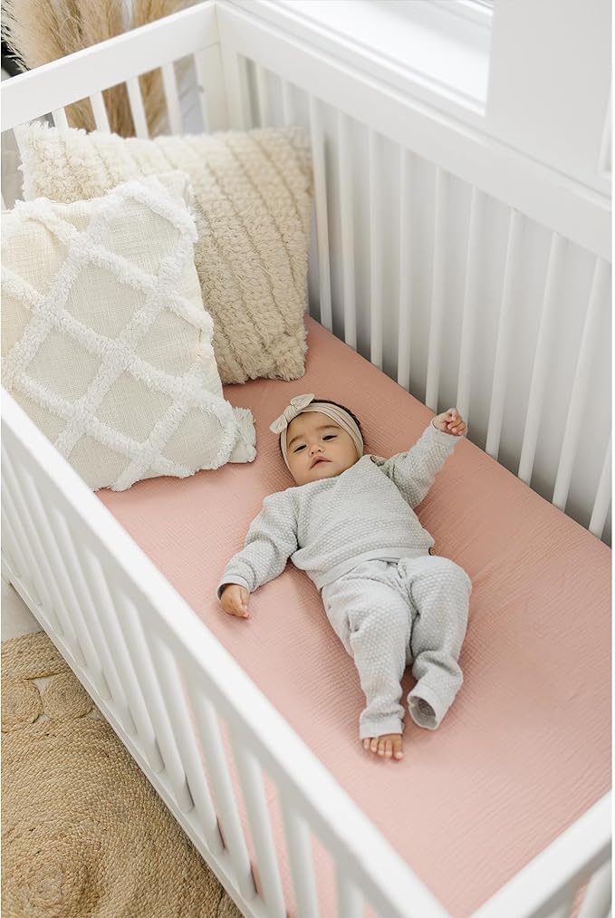 Konssy Muslin Fitted Crib Sheets 100% Cotton Baby Crib Sheets for Standard Crib Mattress (28 X 52 Inches), Soft and Breathable for Boys, Girls (Blush Pink)