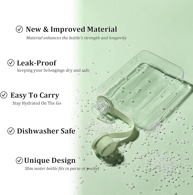 Tritan Transparent Flat Water Bottle samll Water Bottle Slim Square Pocket Bottle Water Flask, BPA Free/Slim Design/Leak Proof Water Bottle for Travel, Outdoor, Sports (Matcha Green, 400ML)