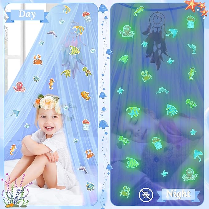 South to East Bed Canopy for Children with Glowing Marine Life, Blue Bed Curtains for Kids Bed & Toddler Bed, Twin, Full & Queen Bed, Mosquito Net Canopy for Boys Bedroom