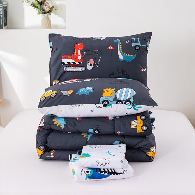 Meeting Story Construction Truck Car Twin Kid Comforter Set for Boys,5 Pieces Dinosaur Bedding Set with Sheets and Pillowcases，Excavator Lightweight Microfiber Bedding Sets（Grey，Twin5pcs）