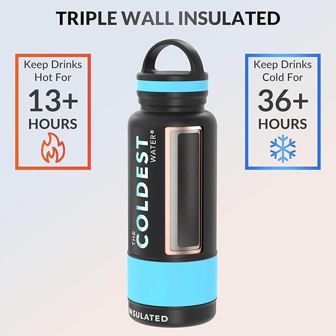Coldest Insulated Water Bottle with Handle Lid | Leak Proof, Insulated Modern Stainless Steel, Triple Walled, Sport Thermos Bottles, Metal Flask | 32oz