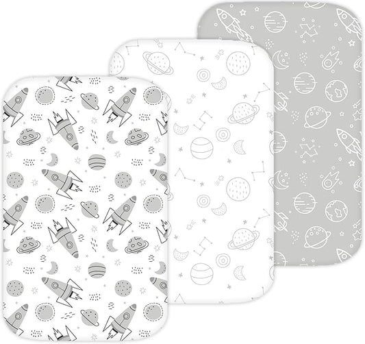 TansyPanda Bassinet Sheets for Cloud Baby, Yacul, Dream On Me Traveler, Skylar, BabyBond, Simmons, 3 Pack, 33x20 in, Ultra Soft, Breathable Snug Fit, Unisex Boys Girls, Gray White (Space Rockets)