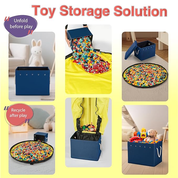 Toy Storage Box + Play Mat for Kids Toy Chest Organizer Kids Toy Storage Organizer Foldable Big Storage Bins with Lids Large Toy Box for Boys Girls Toy Holders for Kids Rooms Nursery(Blue)